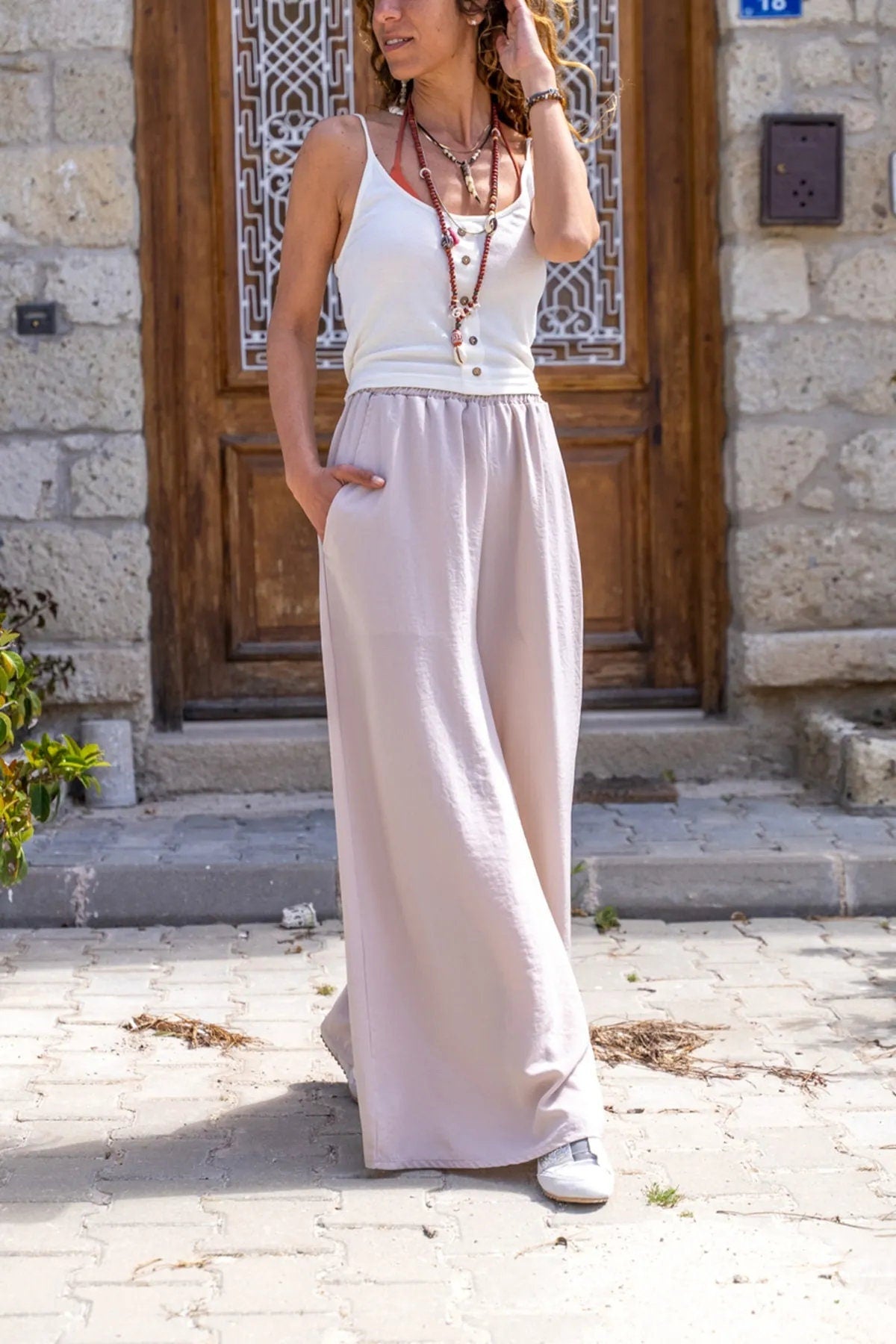 Wide Leg Soft Textured with Pockets Elastic Waist Loose Trousers,Linen – puresunlady Wide Leg Soft Textured with Pockets Elastic Waist Loose Trousers,Linen – puresunlady