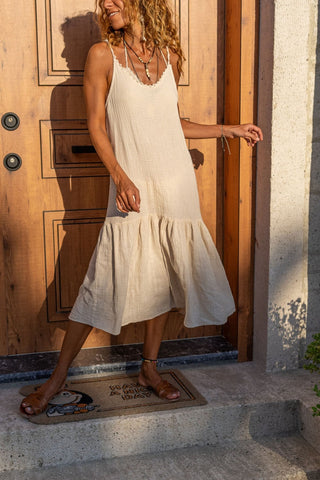 Beige Scalloped Halter Skirt Pleated Loose Linen Dress Boho Dress,Maxi – puresunlady