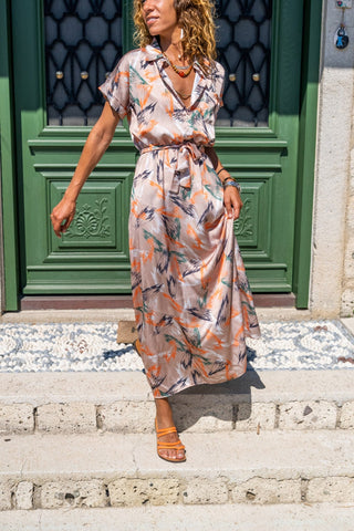 Beige Satin Elastic Waist Half Pleated Belted Long Dress,Boho Dress,Ma puresunlady Beige Satin Elastic Waist Half Pleated Belted Long Dress,Boho Dress,Ma puresunlady