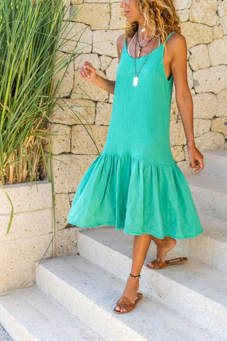Green Scalloped Halter Skirt Pleated Loose Linen Dress Boho Dress,Maxi puresunlady Green Scalloped Halter Skirt Pleated Loose Linen Dress Boho Dress,Maxi puresunlady