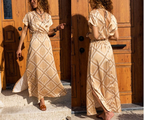 Beige Double Breasted Neck Slit Long Satin Dress,Maxi Dress,Short Slee – puresunlady