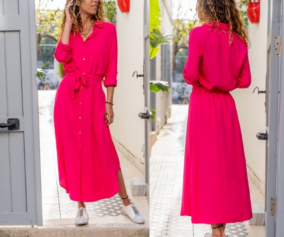 Fuscha Self Belted Buttoned Long Shirt Dress,Maxi Dress,Long Sleeve Dress-Boho Wear Womens Dress-Attractive Casual Dress,Vintage Dress