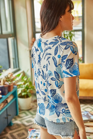 Ecru Blue Floral Printed Cotton Women's T-shirt,Cotton Blouse,Vintage T-shirt,Gift For Her,Boho T-shirt,Woman Shirts