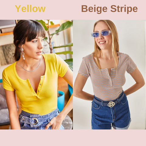 Yellow Knitted Fabric Short Sleeve Casual Women's Blouse with Snaps,Women's T-shirt,Cotton Blouse,Vintage T-shirt,Woman Shirts