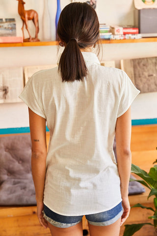 Water Green Linen Short Sleeve Woman Blouse,Vintage Linen Blouse,Minimalist Blouse,White Botton Up,Secretary Blouse,Office Top,ClassicBlouse