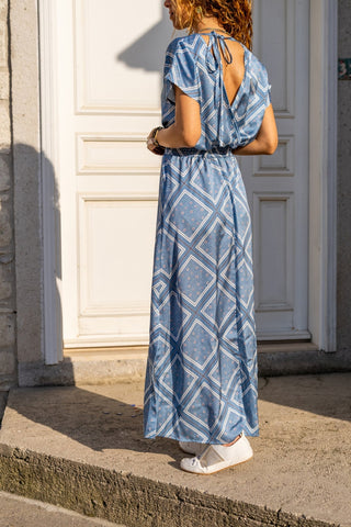 Navy Blue Double Breasted Neck Slit Long Satin Dress,Maxi Dress,Short Sleeve Dress-Boho Wear Womens Dress-Casual Dress,Summer Dress