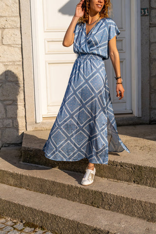 Navy Blue Double Breasted Neck Slit Long Satin Dress,Maxi Dress,Short Sleeve Dress-Boho Wear Womens Dress-Casual Dress,Summer Dress