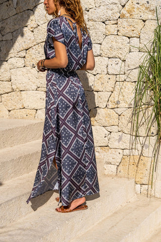 Navy Blue Double Breasted Neck Slit Long Satin Dress,Maxi Dress,Short Sleeve Dress-Boho Wear Womens Dress-Casual Dress,Summer Dress