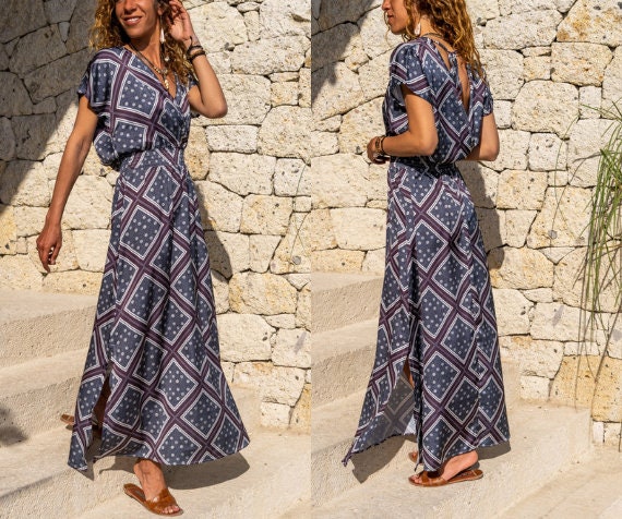 Navy Blue Double Breasted Neck Slit Long Satin Dress,Maxi Dress,Short Sleeve Dress-Boho Wear Womens Dress-Casual Dress,Summer Dress