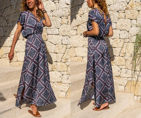 Navy Blue Double Breasted Neck Slit Long Satin Dress,Maxi Dress,Short Sleeve Dress-Boho Wear Womens Dress-Casual Dress,Summer Dress