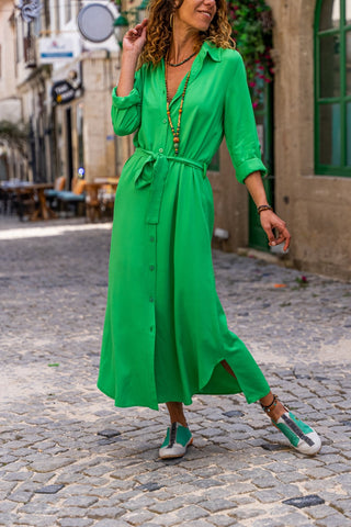 Fuscha Self Belted Buttoned Long Shirt Dress,Maxi Dress,Long Sleeve Dress-Boho Wear Womens Dress-Attractive Casual Dress,Vintage Dress