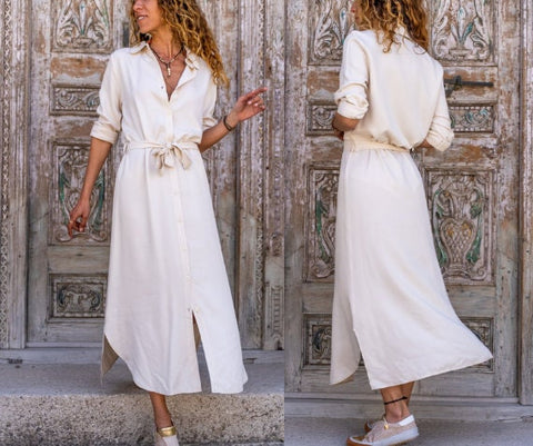 White Self Belted Buttoned Long Shirt Dress,Maxi Dress,Long Sleeve Dre – puresunlady