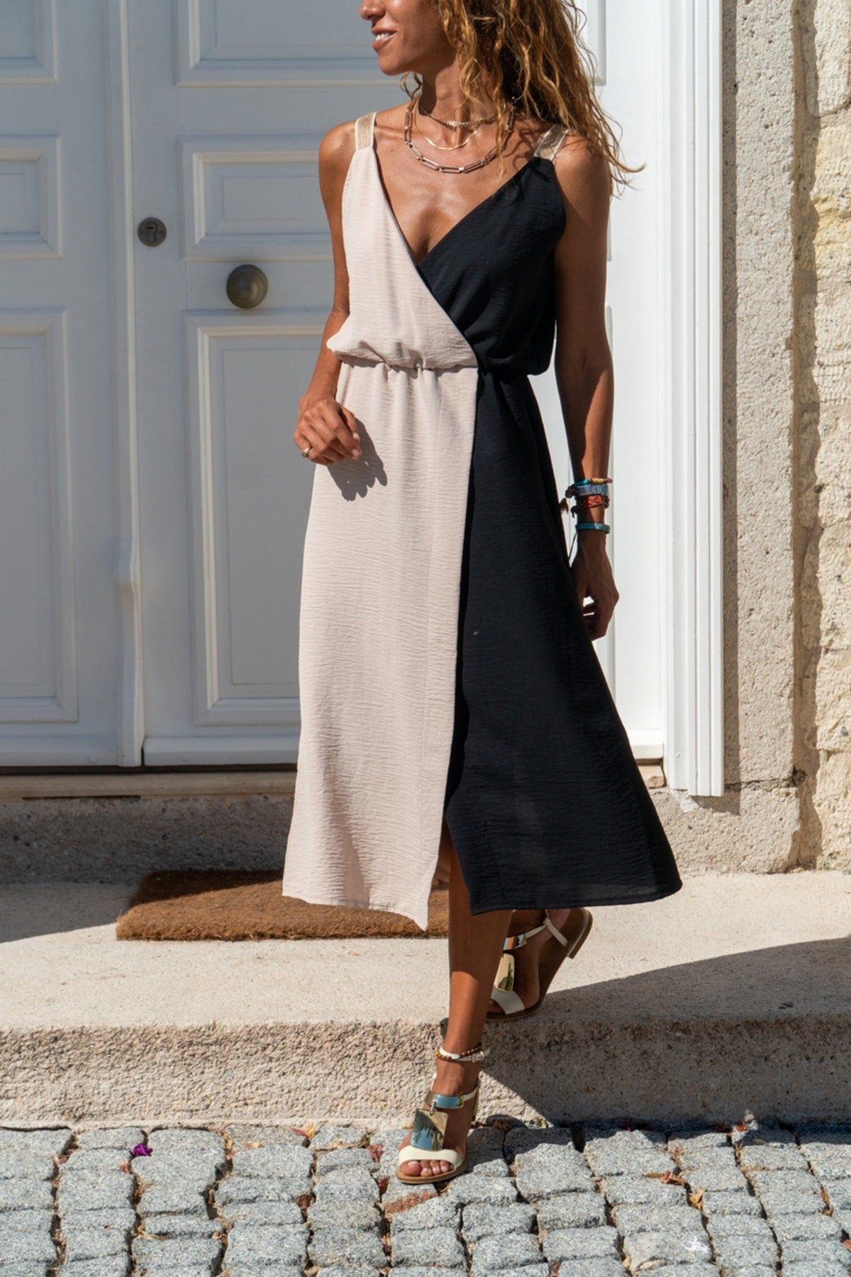 Brick & Beige Straw Strap Double Breasted Color Block Airobin Dress,Ma – puresunlady