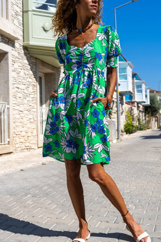 Green Kiss Collar Watermelon Sleeve Pocket Poplin Midi Cotton Dress,Safari Dress,Summer Dress-Boho Wear Womens Dress,Vintage Dress