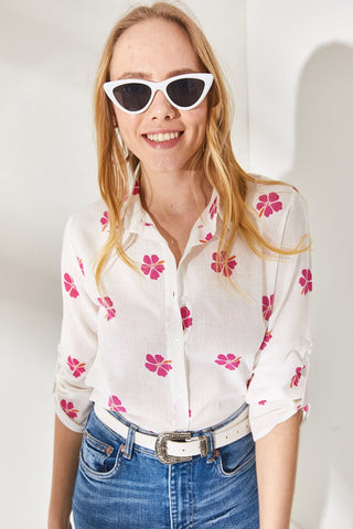 Daisy & Arrow Print Linen Fold Sleeve Woman Blouse, Summer Top, Arrow Blouse, Flower Blouse, Gift for her, 80s blouse, Vintage Blouse
