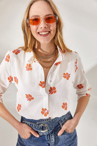 Daisy & Arrow Print Linen Fold Sleeve Woman Blouse, Summer Top, Arrow Blouse, Flower Blouse, Gift for her, 80s blouse, Vintage Blouse