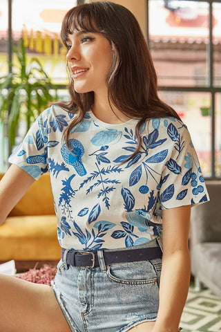 Ecru Blue Floral Printed Cotton Women's T-shirt,Cotton Blouse,Vintage T-shirt,Gift For Her,Boho T-shirt,Woman Shirts