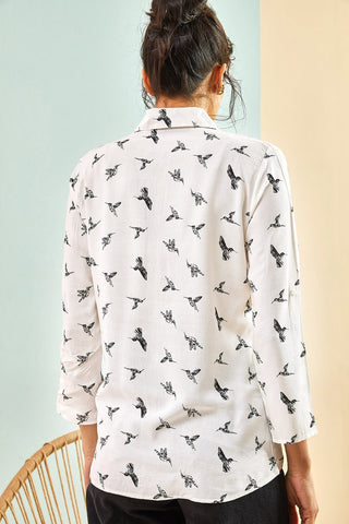 Bird Patterned Sleeve Fold Viscose Blouse,Blouse Vintage, Bird Pattern Blouse,Gift For Her,Collar Blouse,Cotton Blouse,Boho Blouse