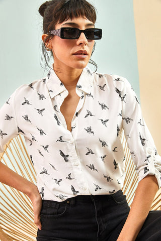 Bird Patterned Sleeve Fold Viscose Blouse,Blouse Vintage, Bird Pattern Blouse,Gift For Her,Collar Blouse,Cotton Blouse,Boho Blouse