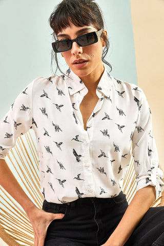 Bird Patterned Sleeve Fold Viscose Blouse,Blouse Vintage, Bird Pattern Blouse,Gift For Her,Collar Blouse,Cotton Blouse,Boho Blouse