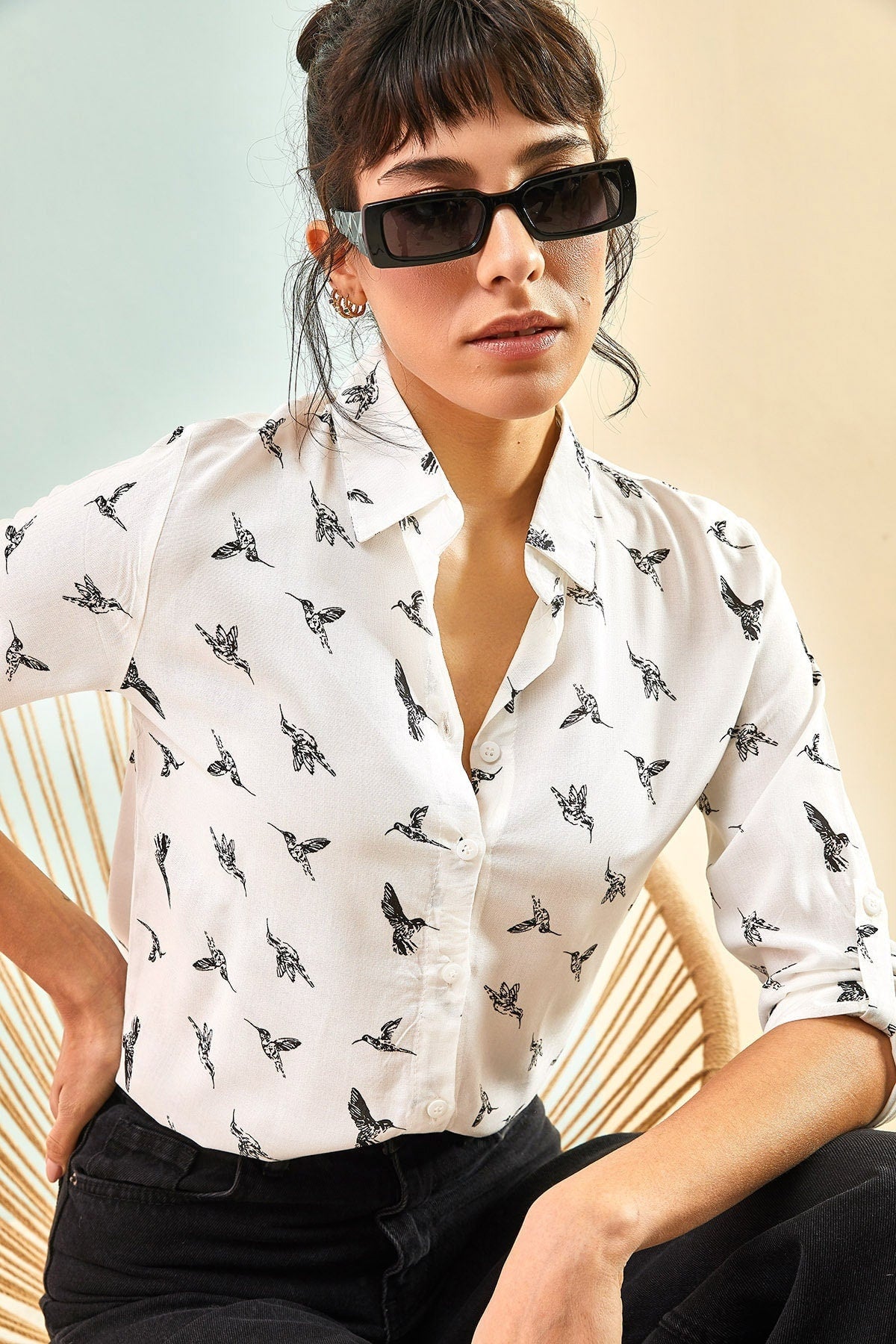 Bird Patterned Sleeve Fold Viscose Blouse,Blouse Vintage, Bird Pattern Blouse,Gift For Her,Collar Blouse,Cotton Blouse,Boho Blouse