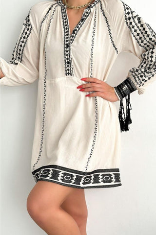 V Neck Button Detailed Tasseled Embroidered Bohemian Dress, Ethnic Summer Fashion, Free Spirited Vintage Inspired Dress,Party Dress