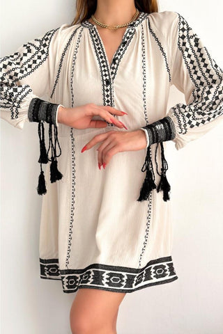 V Neck Button Detailed Tasseled Embroidered Bohemian Dress, Ethnic Summer Fashion, Free Spirited Vintage Inspired Dress,Party Dress