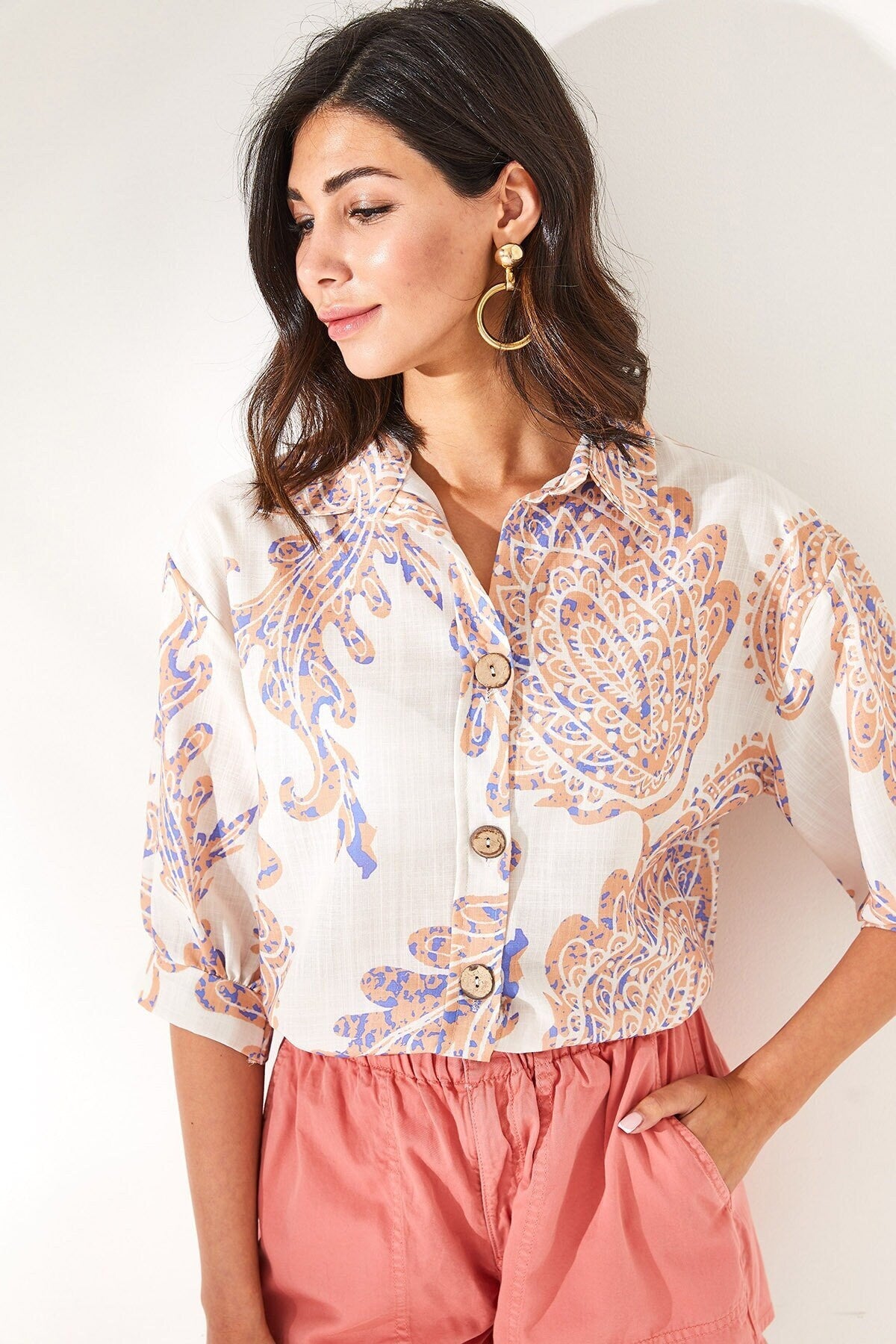 Ecru Wooden Buttoned Daisy Pattern Three Quarter Sleeve Minimalist & Affordable Woman Blouse, Boho Style Natural Fiber Linen Shirt