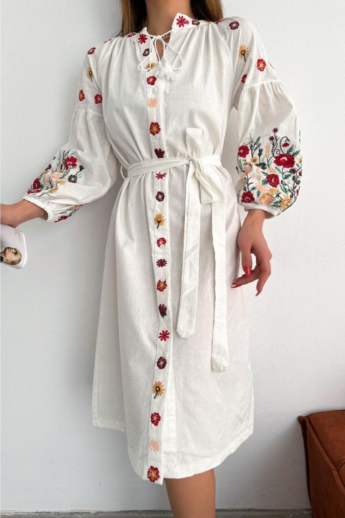 Floral Embroidered Waist Belted V Neck Dress, Vibrant Colors Casual Su puresunlady Floral Embroidered Waist Belted V Neck Dress, Vibrant Colors Casual Su puresunlady