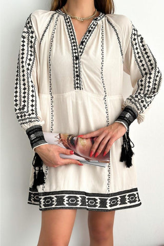 V Neck Button Detailed Tasseled Embroidered Bohemian Dress, Ethnic Summer Fashion, Free Spirited Vintage Inspired Dress,Party Dress
