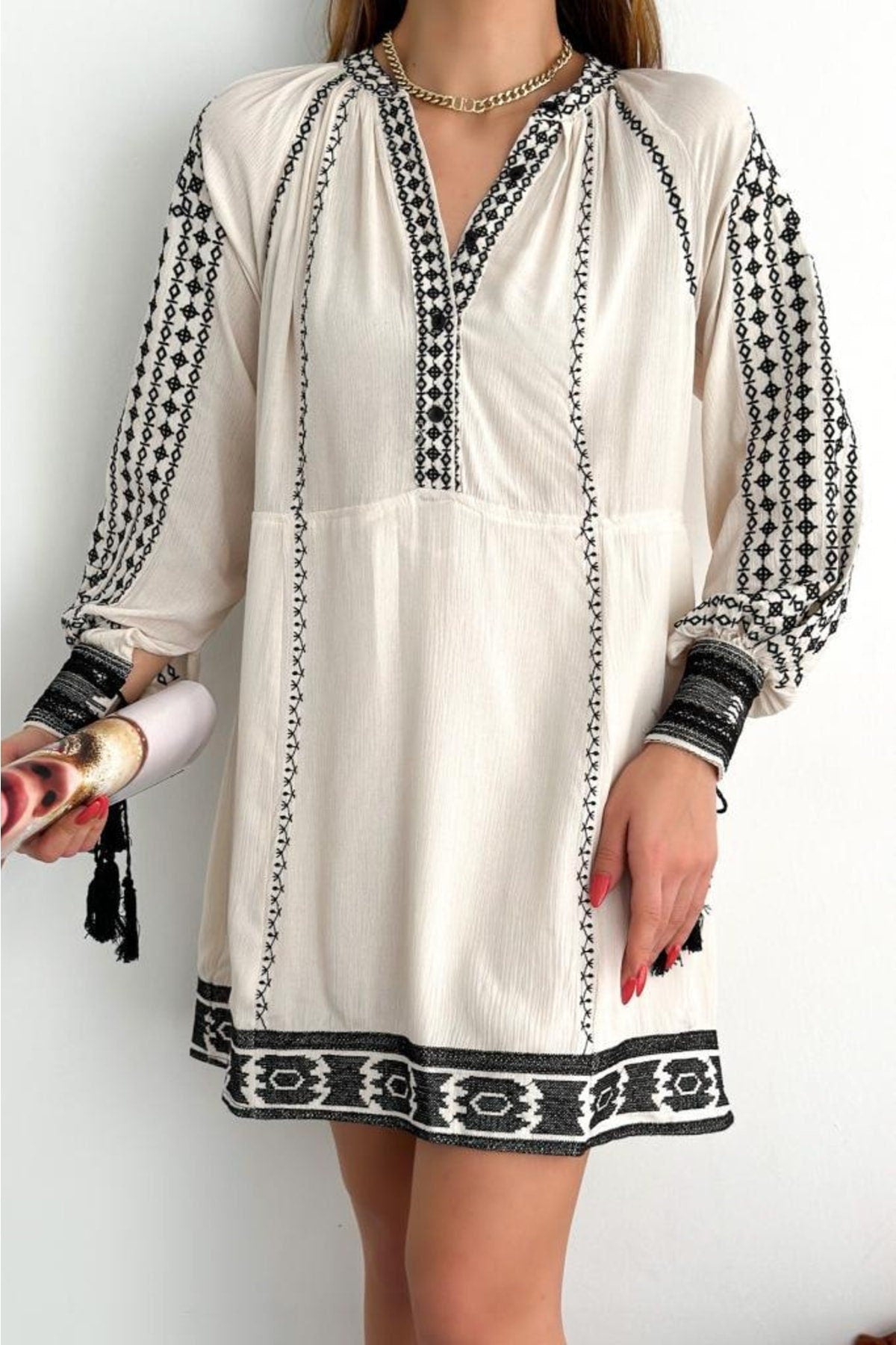 V Neck Button Detailed Tasseled Embroidered Bohemian Dress, Ethnic Summer Fashion, Free Spirited Vintage Inspired Dress,Party Dress