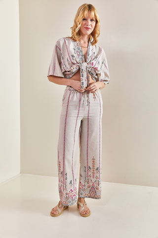 Multi Patterned Front Tied Linen Bottom and Top Set, Casual Chic Boho Style Linen Set, Elegant Summer Fashion, Double Team