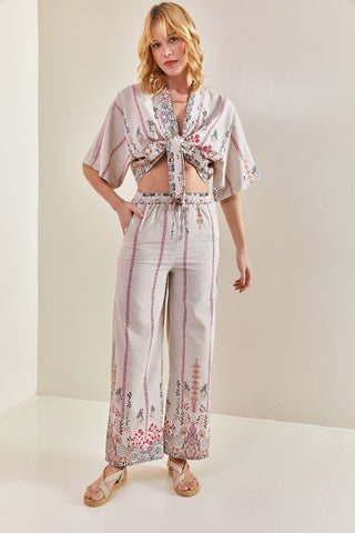 Multi Patterned Front Tied Linen Bottom and Top Set, Casual Chic Boho Style Linen Set, Elegant Summer Fashion, Double Team