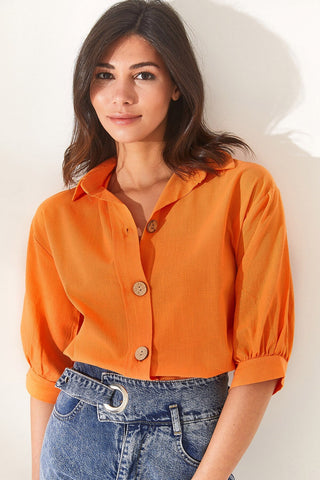 Wooden Buttoned Three Quarter Sleeve Minimalist & Affordable Woman Blouse, Vintage Blouse,Gift For Her, Collar Blouse,Boho Blouse 2