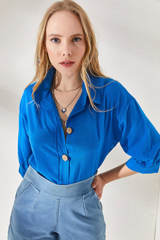 Wooden Buttoned Three Quarter Sleeve Minimalist & Affordable Woman Blouse, Vintage Blouse,Gift For Her, Collar Blouse,Boho Blouse 5