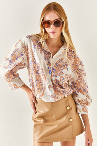 Ecru Shawl Pattern Three Quarter Sleeve Shirt, Vintage-Inspired Casual Chic Blouse, Neutral Tone Shawl Shirt, Ecru Bohemian Blouse