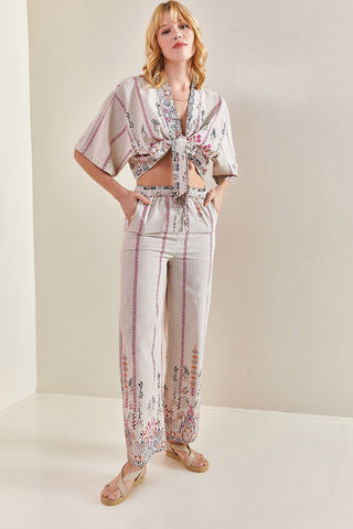 Multi Patterned Front Tied Linen Bottom and Top Set, Casual Chic Boho Style Linen Set, Elegant Summer Fashion, Double Team