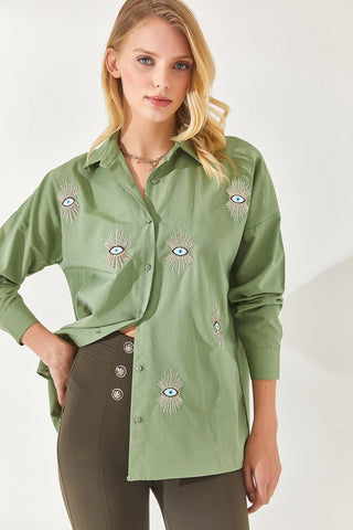 Evil Eye,Eye Sequin Detailed Embroidery Boyfriend Woman Blouse,Bohemian Cotton Blouse,Vintage Blouse,Gift For Her,Women Tops,Boho Blouse 1