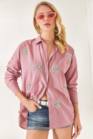 Evil Eye,Eye Sequin Detailed Embroidery Boyfriend Woman Blouse,Bohemian Cotton Blouse,Vintage Blouse,Gift For Her,Women Tops,Boho Blouse 1