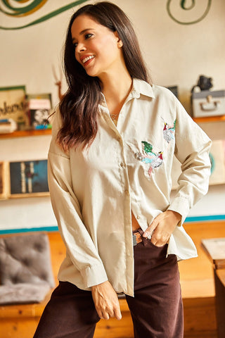 Bird Sequin Detailed Woven Boyfriend Woman Blouse,Cotton Blouse,Vintage Blouse, Gift For Her, Collar Blouse,Boho Blouse 2